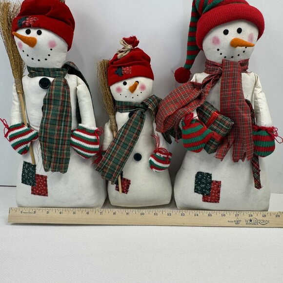 Vintage 1997 Set Of 3 Cotton Snowman Shelf Sitters Holiday Plaid Scarves 13"-16" - Picture 12 of 14